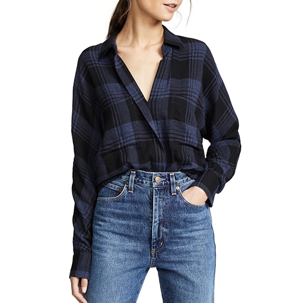 Vince Heathered Plaid Pullover Black Blue Shirt